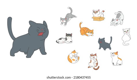 Set of cute funny cats activity such as hiding in the box, hissing, jumping, sleeping etc.