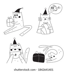 Set of cute funny cats for Christmas theme. Vector outline illustrations. Best for greeting cards design. 