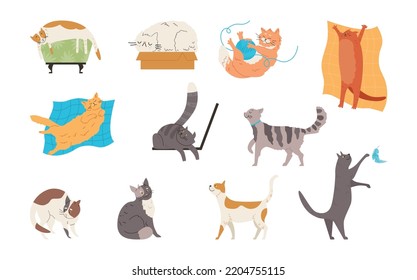 Set of cute funny cats with different emotions flat style, vector illustration isolated on white background. Typical cat's behavior, playing and mischievous pets, poses