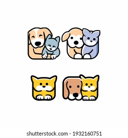 set of Cute funny cats and dogs logo, 
pets cartoon collection. Furry human friends home animals
