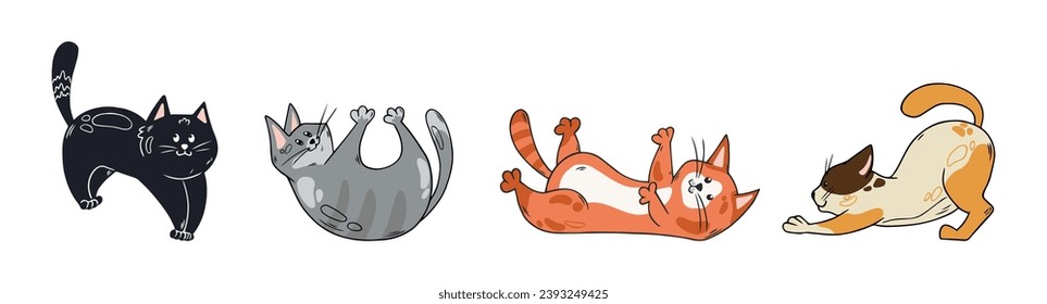 Un juego de gatos graciosos y lindos. Mascotas de doodle dibujadas a mano. Ilustraciones vectoriales aisladas en fondo blanco.