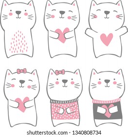 set of cute funny cats isolated on white. modern hand drawn style. design for baby and child