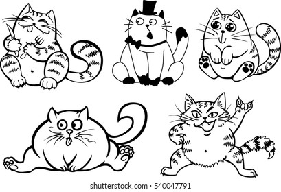 Set of cute funny cats in lines on white background