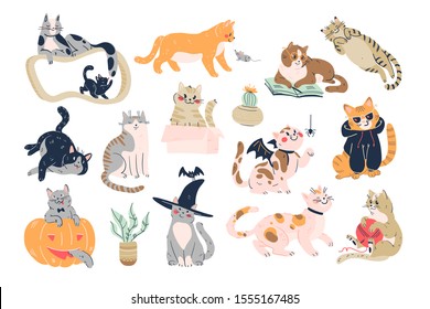 Set of cute funny cats playing, sitting, hiding in box, pumpkin, smiling, laying on scratching post isolated on white background. Hand drawn style. Vector illustration.