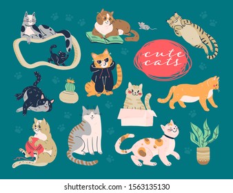 Set of cute funny cats playing with ball of yarn, sitting, hiding in box, smiling, sitting, laying on scratching post isolated on white background. Hand drawn style. Vector illustration.