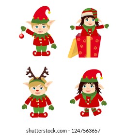 Set of cute and funny character Merry Christmas elf girl and elf boy. Design element for congratulation card, banner, leaflet, poster. Cartoon style.