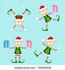 Set of cute and funny character Merry Christmas elfs in santa claus hats. Happy New Year symbol. Design element for congratulation card, banner, leaflet, poster. Cartoon style. Vector illustration.