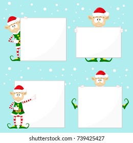 Set of cute and funny character Merry Christmas elfs in santa claus hats. Happy New Year symbol. Design element for congratulation card, banner, leaflet, poster. Cartoon style. Vector illustration.