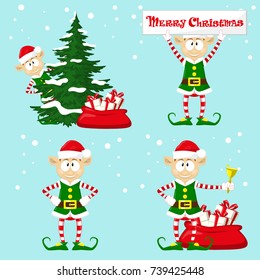 Set of cute and funny character Merry Christmas elfs in santa claus hats. Happy New Year symbol. Design element for congratulation card, banner, leaflet, poster. Cartoon style. Vector illustration.
