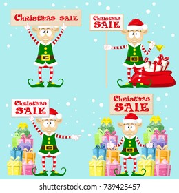 Set of cute and funny character Merry Christmas elfs in santa claus hats. Happy New Year symbol. Design element for congratulation card, banner, leaflet, poster. Cartoon style. Vector illustration.