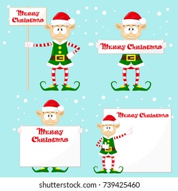 Set of cute and funny character Merry Christmas elfs in santa claus hats. Happy New Year symbol. Design element for congratulation card, banner, leaflet, poster. Cartoon style. Vector illustration.