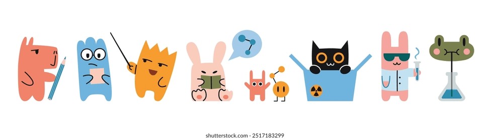 Conjunto de personajes divertidos lindos. Educación y concepto de estudio. Rana, conejo, capibara y gato van a la escuela. Ilustración vectorial moderna de moda aislada en blanco, dibujado a mano, plana