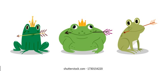 A set of cute funny characters for a fairy tale. Princess frog with an arrow.