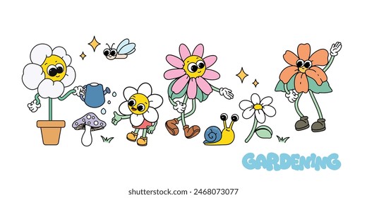 Set of Cute funny characters Geometric flower Figures with face emotions.  Hand drawn trendy Vector illustration for kids. 
