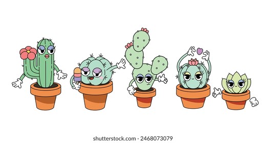 Set of Cute funny characters Geometric flower Figures with face emotions.  Hand drawn trendy Vector illustration for kids. 
