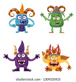 Set of cute funny characters troll, bigfoot, yeti, imp, with different emotions, cartoon style, for books, advertising, stickers, vector, illustration, banner, isolated