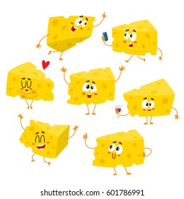 Set of cute and funny cheese chunk character showing different emotions, cartoon vector illustration isolated on white background.  svg