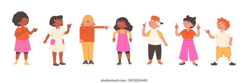 Set of cute funny children points with fingers flat style, vector illustration isolated on white background. Decorative design element collection, emotional characters