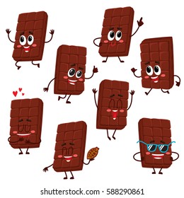 Set of cute and funny chocolate bar characters showing various emotions, cartoon vector illustration isolated on white background. Set of funny chocolate characters, mascots, emoticons