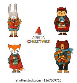 
A set of cute and funny Christmas characters/ badges / patches / design elements. Postcard "Merry Christmas!"
