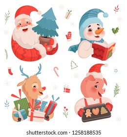 Set of cute funny Christmas characters Santa, snowman, deer, pig in festive hats with smiles. Christmas illustration on a white background