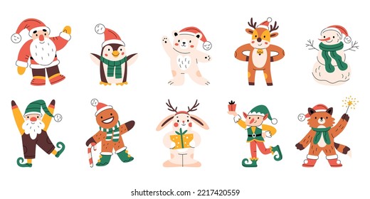 Set of cute funny Christmas characters. Santa Claus, snowman, bear, reindeer, gnome, elf. Colorful New year symbols. Xmas holiday toys and decor. Minimalistic flat hand-drawn isolated illustration