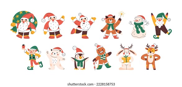 Set of cute funny Christmas characters. Santa Claus, snowman, bear, reindeer, gnome, elf. Colorful New year symbols. Xmas holiday toys and decor. Minimalistic flat hand-drawn isolated illustration