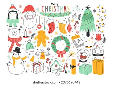 Set of cute and funny christmas doodles. Tree, animals, gifts, decorations, santa, snowman outline drawings. Winter season line characters and elements. Card, poster, print design