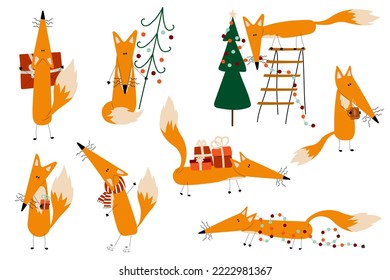 Set of cute funny Christmas foxes in different poses with decorative elements. New year holiday stickers, clipart, design
