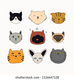 Set of cute funny color doodles of different cats faces. Isolated objects on white background. Hand drawn vector illustration. Line drawing. Design concept for poster, t-shirt, fashion print.