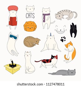 Set of cute funny color doodles of different cats. Isolated objects on white background. Hand drawn vector illustration. Line drawing. Design concept for poster, t-shirt, fashion print.
