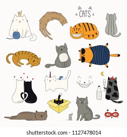 Set of cute funny color doodles of different cats. Isolated objects on white background. Hand drawn vector illustration. Line drawing. Design concept for poster, t-shirt, fashion print.