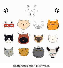 Set of cute funny color doodles of different cats faces. Isolated objects on white background. Hand drawn vector illustration. Line drawing. Design concept for poster, t-shirt, fashion print.