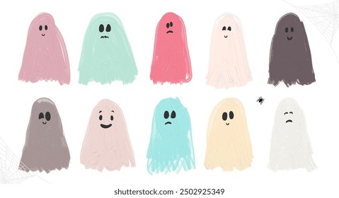 Conjunto de lindos fantasmas alegres de colores divertidos. Magia aterradora dibujada con un pincel espíritus con diferentes emociones, expresiones faciales. Plantilla bebé creepy personajes de libro para niños. Vector de moda para Halloween.