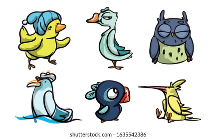 Set of cute funny colorful birds with different emotions. Vector illustration in flat cartoon style.