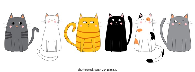 Set of cute funny colorful cats. Doodle cartoon style. Vector illustration isolated on white background