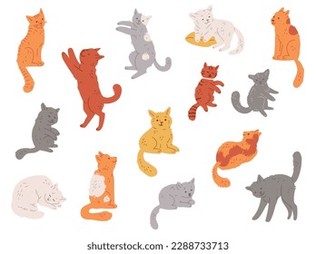 Set of cute funny colorful cats flat style, vector illustration isolated on white background. Domestic animal, decorative design elements collection, different poses