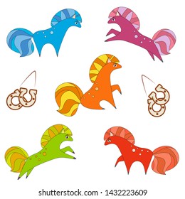 Set of cute funny colorful cheerful horses characters. Pony jumps, sits, stands. Two horseshoes on a rope. Artistic animal activities. Happy mammals. Eps 10 vector illustration.