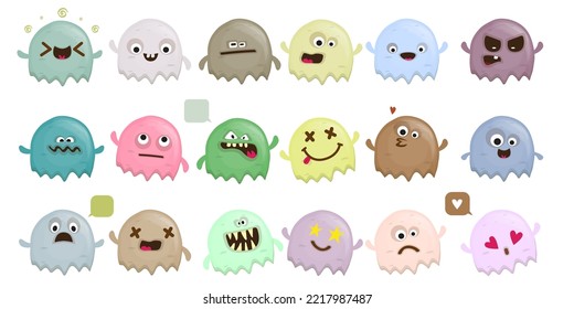 Set of cute funny colorful ghosts isolated on white background. Ghost sticker collection with different colors and emotions. Halloween design element and stickers set isolated
