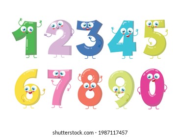 Set of cute and funny colorful number characters, cartoon vector illustration isolated on white background. One, two, three, four, five, six, seven, eight, nine, zero smiling characters, math symbols
