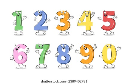 Conjunto de símbolos matemáticos adorables y divertidos coloridos al estilo de las caricaturas. Uno, dos, tres, cuatro, cinco, seis, siete, ocho, nueve, cero. Conocimiento y concepto educativo. Ilustración vectorial.
