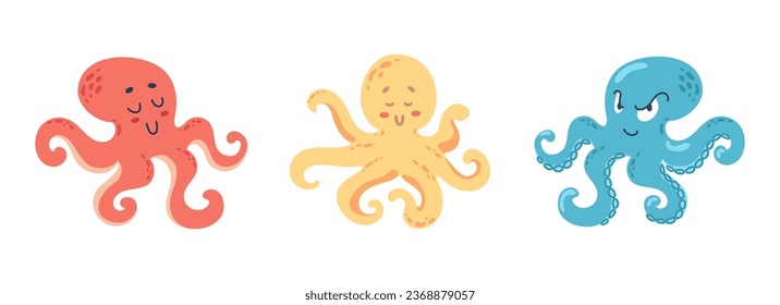 Set of cute funny colorful octopuses. Marine life. Vector cartoon set of ocean invertebrates, marine animals, kraken with suckers on hands. Illustration in flat style. Pirate adventures