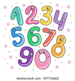 Set of cute and funny colorful smiling number characters from 0 to 9. Cartoon vector illustration on white background for children.