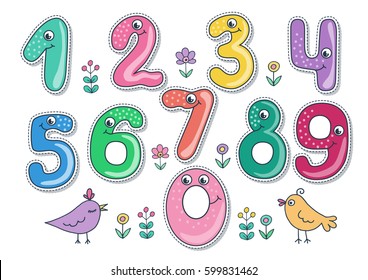 Set of cute and funny colorful smiling number characters from 0 to 9. Cartoon vector illustration on white background for children. Size A4 horizontal.