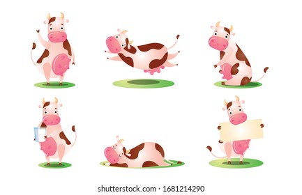 Set of a cute funny cow standing in different poses on grass. Vector illustration in flat cartoon style.
