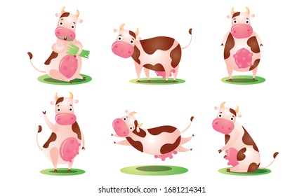 Set of a cute funny cow standing in different poses on grass. Vector illustration in flat cartoon style.