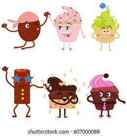 A set of cute and funny cupcakes. A cookie with a face . Cartoon. Vector illustration  .