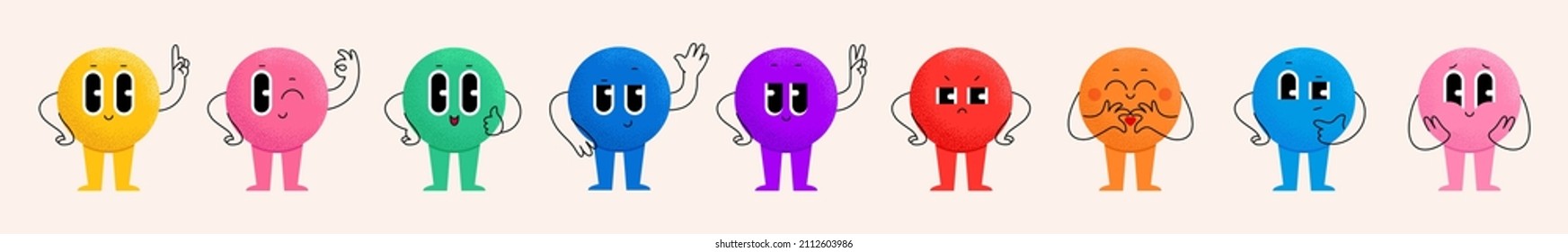 Set of cute funny different bright emoji with face, arms and legs. Different sign. Vector isolated illustration in hand drawn trendy style