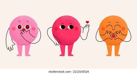 Set of cute funny different bright emoji with face, arms and legs. Different love sign. Vector isolated illustration in hand drawn trendy style