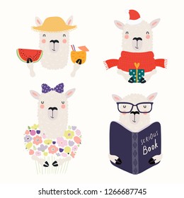 Set of cute funny different llamas, summer, Christmas, with flowers, book. Isolated objects on white background. Hand drawn vector illustration. Scandinavian style flat design. Concept for kids print.